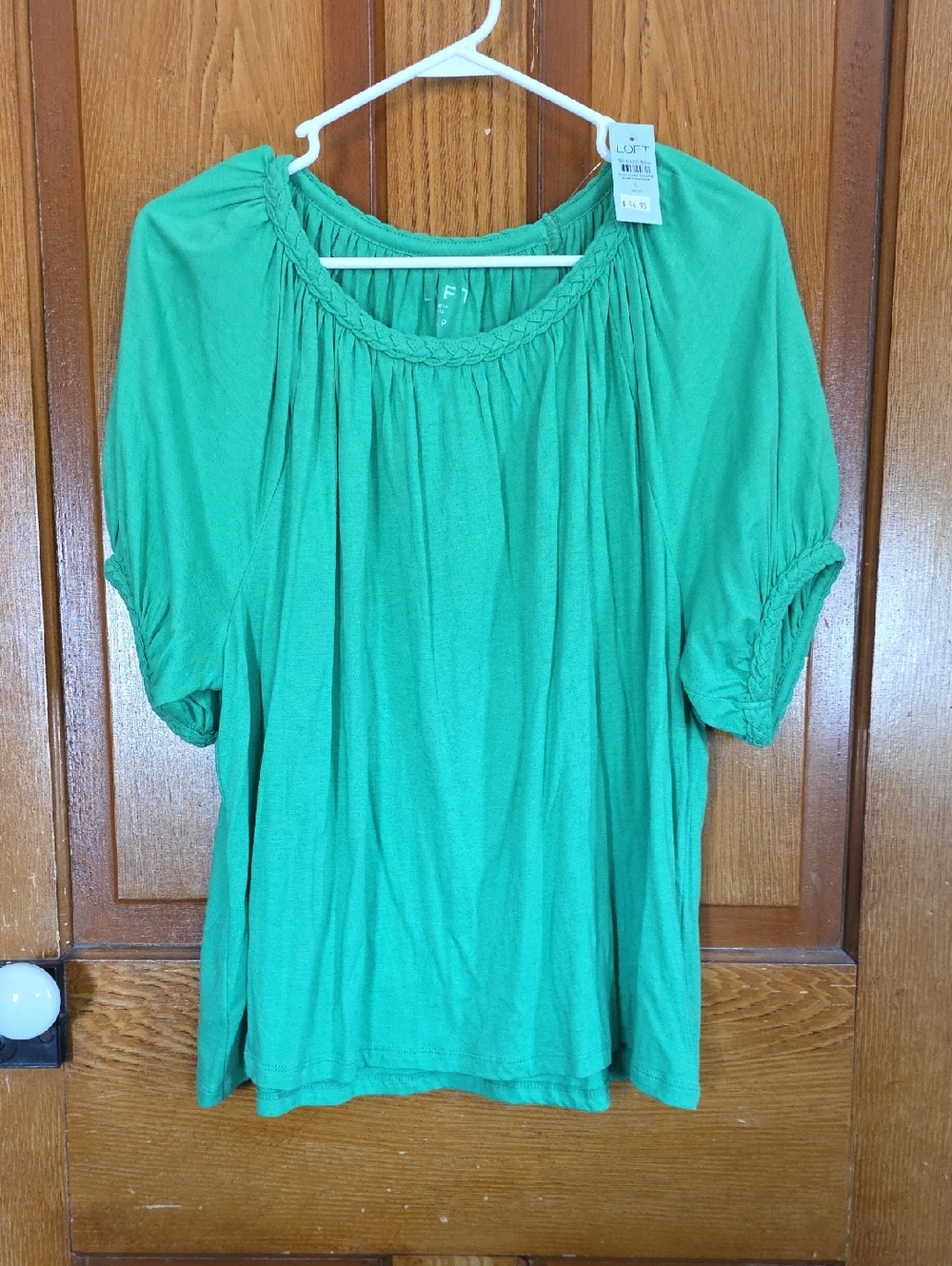 LOFT Bright Green Braided-Neck Peasant Blouse